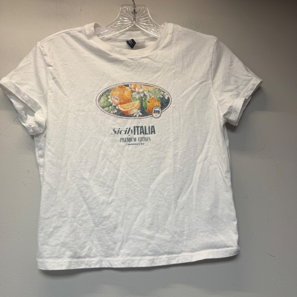 H&M Divided Graphic T-Shirt Womens Medium‎ White Excellent Sicily Italia Citrus